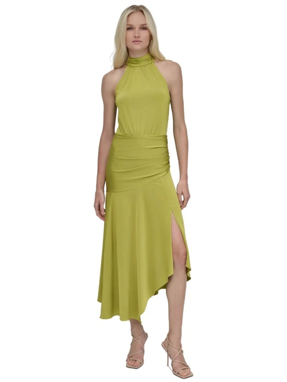 DKNY Chartreuse Halter Ruched Asymmetric-Hem Dress